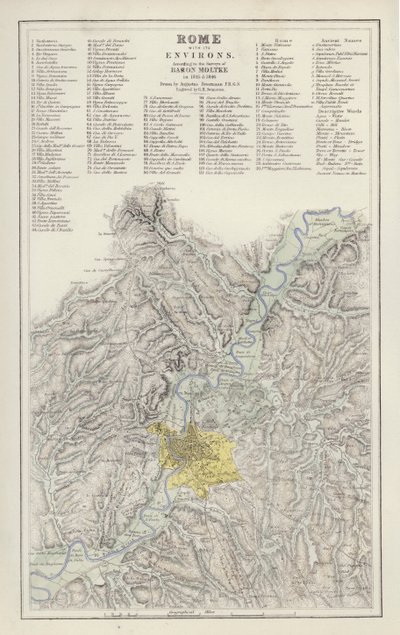 Térkép: Róma és környéke Moltke báró felmérése szerint 1845-ben és 1846-ban, Augustus Petermann rajza (színes litó) alkotó: English School
