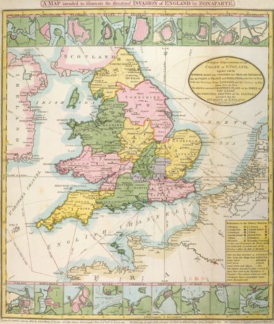 Nagy-Britannia térképe, Napóleon Bonaparte (1769-1821) fenyegetett inváziója 1803-ban (színes litó) alkotó: English School