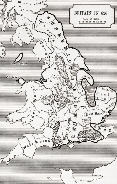 Nagy-Britannia térképe 626-ban, a Northumbriai Királyság 588-tól 685-ig, J. R. Green „A Short History of the English People” című könyvében, 1893-ban. alkotó: English School
