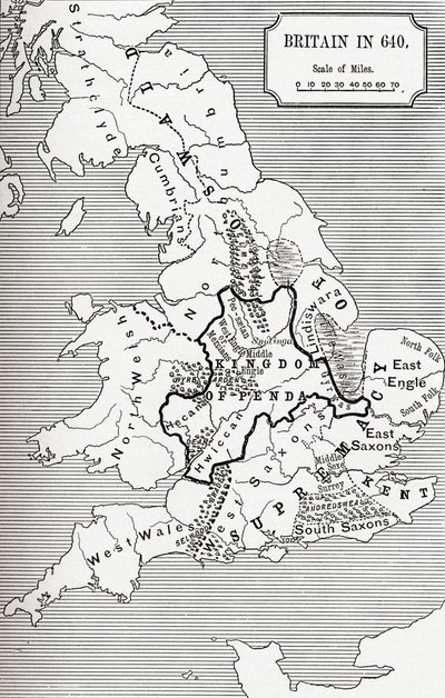 Nagy-Britannia 640-es térképe, a Northumbriai Királyságból J. R. Green „A Short History of the English People” című művéből, 1893-ban alkotó: English School