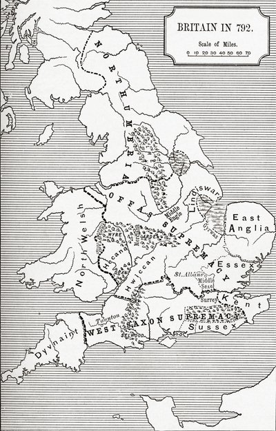 Nagy-Britannia 792-es térképe, a The Three Kingdoms 685-től 828-ig, J. R. Green „A Short History of the English People” című könyvében, 1893-ban. alkotó: English School