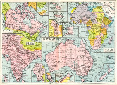 A brit birtokok térképe 1914-ben, az első világháború kitörésekor, a The British Empire Universities Modern English Illustrated Dictionary-ből, pub.1914 alkotó: English School