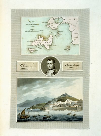 Elba térképe és Porto Ferraio látképe Napóleon portréjával és aláírásának fakszimile, 1815 (színes metszet) alkotó: English School