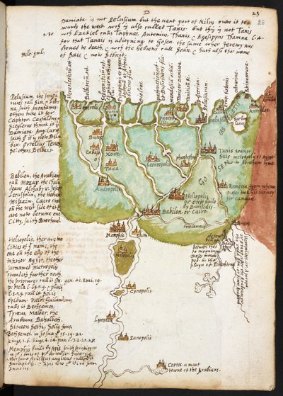Alsó-Egyiptom térképe, Sir Walter Raleigh (1552-1618) jegyzetfüzetéből, 1606-08 körül (toll és tinta papíron) alkotó: English School