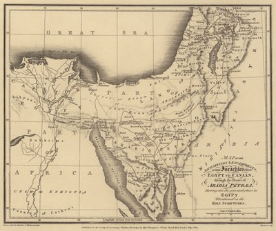 Az izraeliták útjának és táborozásának térképe Egyiptomból Kánaánba, a sivatagon keresztül (metszet) alkotó: English School