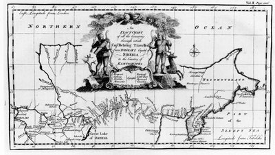 Vitus Bering (1681-1741) által Szibérián át Kamcsatkáig megtett útvonal térképe a Navigantium atque Itinerantium Bibliotheca-tól, 1744-ben megjelent alkotó: English School