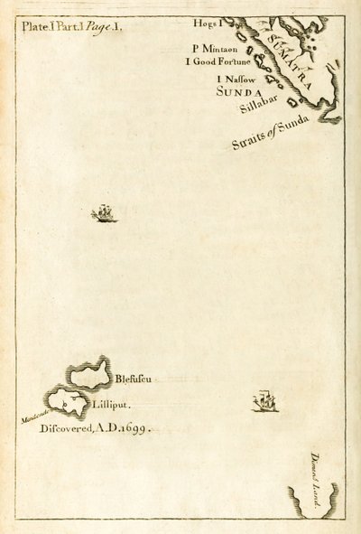 Jonathan Swift által ismertebb nevén Gullivers Travels (Jonathan Swift: Utazások a világ számos távoli nemzetébe című könyv első kiadásából) Lilliput helyét ábrázoló térkép alkotó: English School