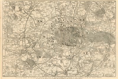 A Charing Cross 6 mérföldes körzetében lévő fizetőkapukat és főbb rácsokat ábrázoló térkép, amelyet Lord Palmerstonnak állított ki az Útdíjreform Bizottság alkotó: English School