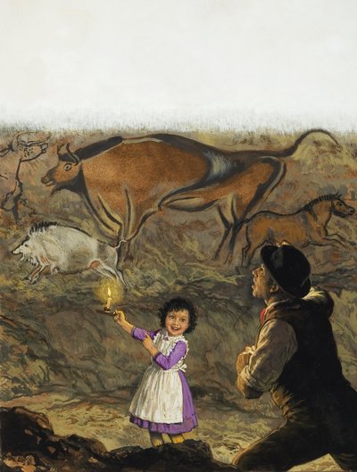 Marcelino Sanz de Sautuola (1831-88) és lánya, Maria felfedezik az altamirai barlangfestményeket (gouache, papír). alkotó: English School