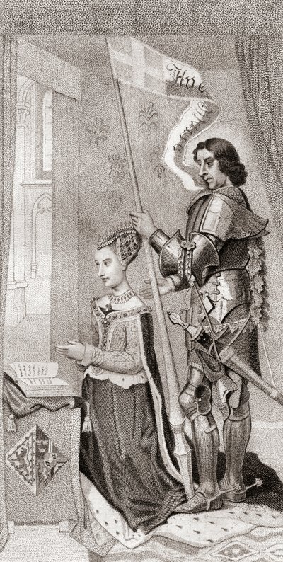 Dán Margit Dánia védőszentjével, Szent Kánuttal, mögötte a keresztes hadjáratok keresztjét ábrázoló transzparenst tart. Dán Margit alkotó: English School