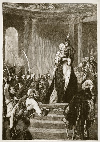 Mária Terézia és a magyar parlament, illusztráció a Cassells Illustrated History of Englandből (szépia fotó) alkotó: English School