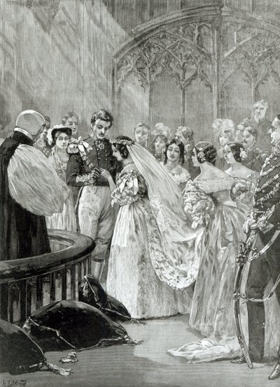 Viktória királynő (1819-1901) és Albert herceg (1819-61) házassága a Szent Jakab-palotában 1840. február 10-én, 1887-ben publikálva alkotó: English School