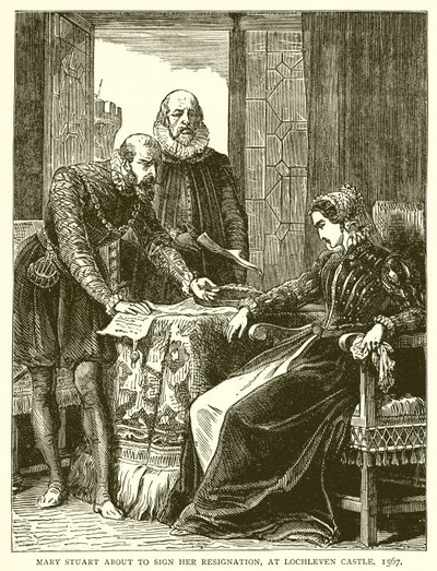 Mary Stuart a lemondásának aláírásáról a Lochleven kastélyban, 1567 alkotó: English School