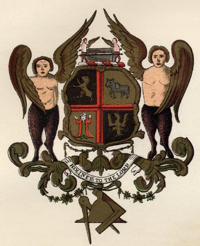 Szabadkőműves karok, egy festett panel után a W.H.Y. Rylands, The History of Freemasonry, II. kötet, kiadó: Thomas C. Jack, London, 1883 alkotó: English School