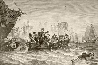 Oliver Hazard Perry főparancsnok átigazol az amerikai Brig Lawrence-től az amerikai Brig Niagrához az Erie-tói csata során (litho) alkotó: English School