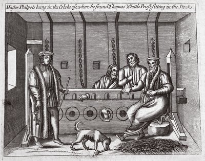 Philpots mester a Colehouse-ban volt, ahol Thomas Whittle papot találta a készletben ülve, illusztrációja John Foxe Cselekedetei és emlékművéből, kilencedik kiadás, kocsma. 1684 alkotó: English School