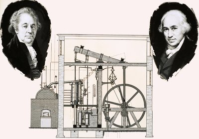 Matthew Boulton és James Watt az egyik szabadalmaztatott gőzgéppel alkotó: English School