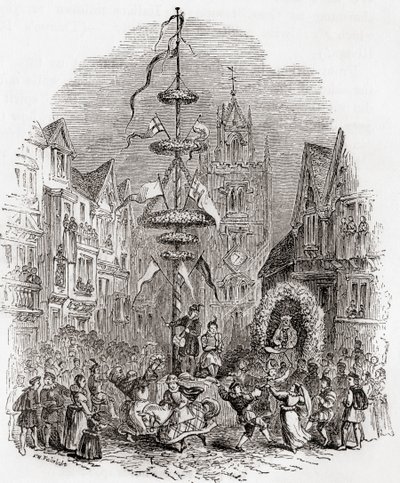 Májusfa tánc a St Andrew Undershaft templom előtt, London, Anglia a 19. században, a Régi Angliából: A Pictorial Museum, pub. 1847 alkotó: English School