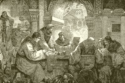 Középkori kultúra – Szerzetesek egy kolostorban, könyveket világítanak és írnak át alkotó: English School