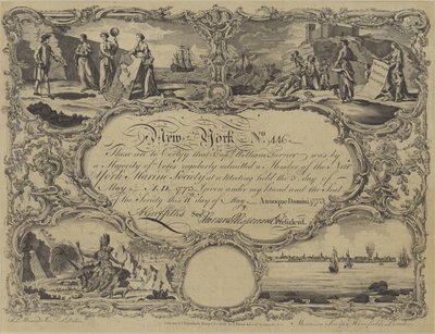 A New York Marine Society tagsági bizonyítványa, 1773 alkotó: English School