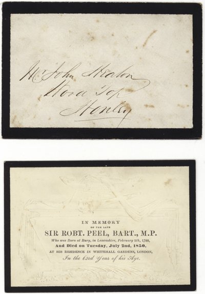 Emlékkártya a néhai Sir Robert Peel emlékére alkotó: English School