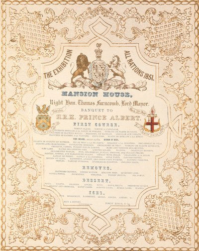 Étlap Albert herceg számára a Mansion House-ban, a Minden Nemzetek Nagy Kiállítása alkalmából, London, 1851 alkotó: English School