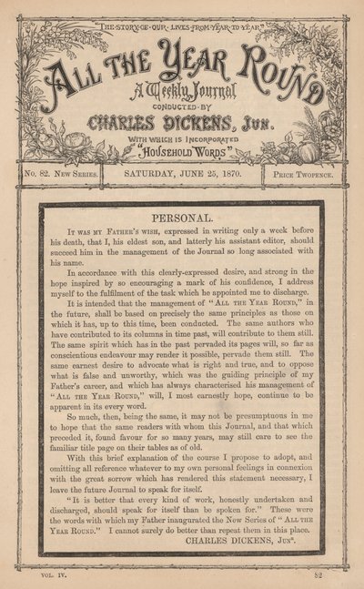 Ifjabb Charles Dickens üzenete az All The Year Round című hetilapban, apja halála után alkotó: English School