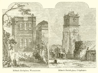 Milton születési helye, Westminster. Milton temetkezési helye, Cripplegate alkotó: English School