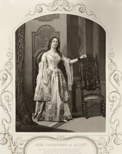 Miss Vandenhoff Júliaként, Rómeó és Júlia III. felvonása 1. jelenete, egy dagerrotípiából, kocsmából. szerző: John Tallis & Co. alkotó: English School