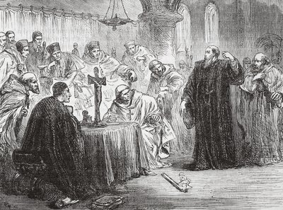 Mollio ledobta a fáklyát az inkvizíció előtt, illusztráció a protestantizmus történetéből, James Aitken Wylie (1808-1890), pub. 1878 alkotó: English School