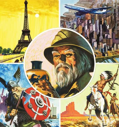 Montázs, beleértve az Eiffel-tornyot, repülőgépet, viking harcost, indiánt és régészt alkotó: English School