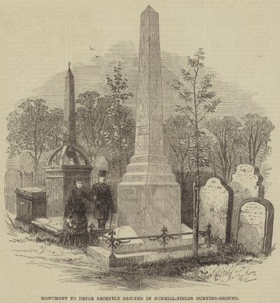 A közelmúltban felállított Defoe emlékműve a Bunhill-Fields Burying Groundban (metszet) alkotó: English School