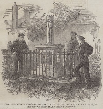 Emlékmű Boyd kapitány és a HMS Ajax hat tengerésze emlékére a Monkstown Churchyardban, Kingstown közelében (metszet) alkotó: English School