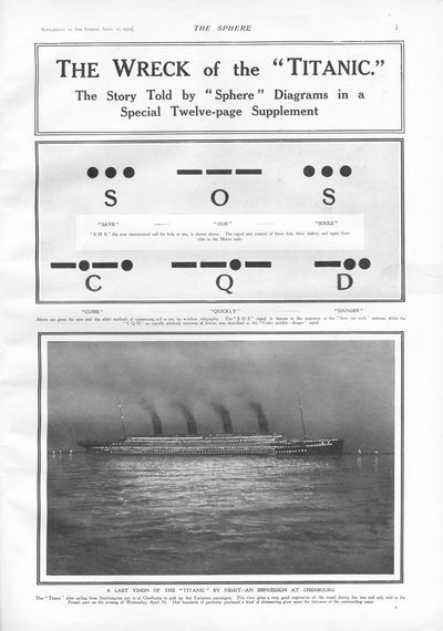 Morsecode-Signale und Illustration des Dampfschiffs, das nachts in Cherbourg angedockt ist, aus The Sphere, 27. April 1912 von English School