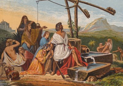 Mózes megmenti Jetró lányait (színes litográfia) alkotó: English School