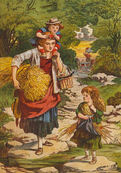 Anya és gyermekei hazatérnek az aratásból (színes litográfia) alkotó: English School