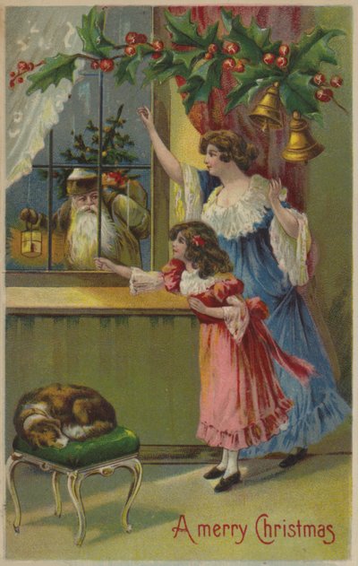Anya és lánya integet a Mikulásnak (chromolitho) alkotó: English School