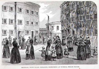 Anyák gyermekeikkel edzenek a Tothill Fields-i börtönben, Henry Mayhew (1812-87) és John Binny „A londoni bűnügyi börtönök és a börtönélet színterei” című művéből alkotó: English School