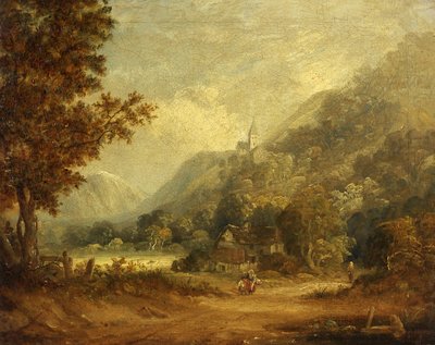 Hegyi jelenet templommal és farmgal (olaj, vászon) alkotó: English School