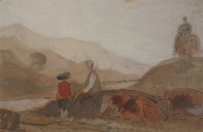 Hegyvidéki táj alakkal a tó mellett (Egy ember, aki a tó mellett ül hegyekben), korábban J.M.W. Turner (1775-1851) és Peter de Wintnek (1784-1849) is tulajdonították, 1825-1830 (olaj alkotó: English School