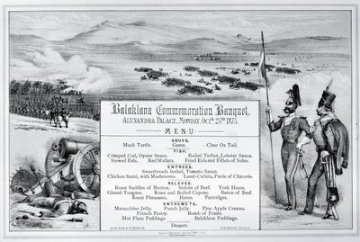 Az Alexandra Palotában 1875. október 25-én megtartott Balaklava megemlékezési bankett falra szerelt illusztrált menüje (metszet) alkotó: English School