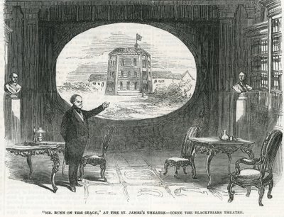 Mr Bunn a színpadon, a St James Színházban – jelenet a Blackfriars Színházban alkotó: English School