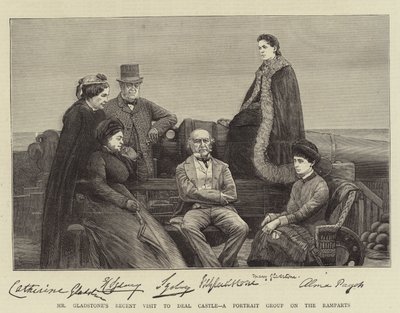 Gladstone úr legutóbbi látogatása a Deal Castle-ben, egy portrécsoport a sáncokon (metszet) alkotó: English School