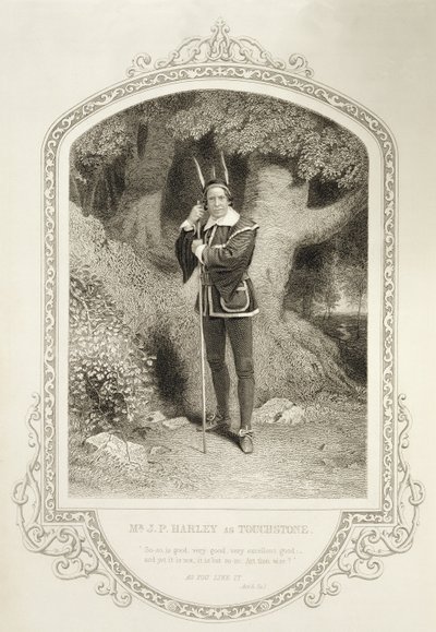 Mr. J. P. Harley mint próbakő, V. felvonás 1. jelenet, William Shakespeare (1564-1616) Ahogy tetszik című filmjében, amelyet George Hollis (1792-1842) vésett J. P. Mayall (1810-1901) dagerrotípiájából alkotó: English School