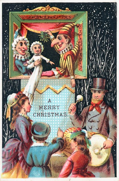 Mr. Punch fagyöngyöt tart, karácsonyi üdvözlőlap alkotó: English School
