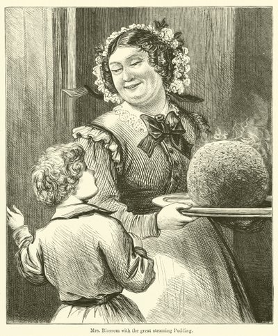 Mrs. Blossom a nagy gőzölgő pudinggal (metszet) alkotó: English School