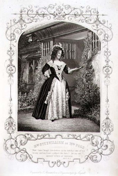 Mrs Fitzwilliam mint Mrs Page, II. felvonás 1. jelenet, William Shakespeare (1564-1616) „The Merry Wives of Windsor”-ban, amelyet Thomas Sherratt (fl.1860-80) metszett JP Mayall (1810-1901) dagerrotípiájából. metszés) alkotó: English School