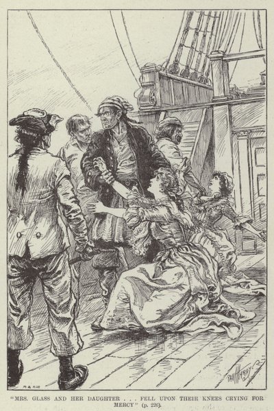 "Mrs Glass és a lánya térdre esett, és kegyelemért kiáltott" (metszet) alkotó: English School