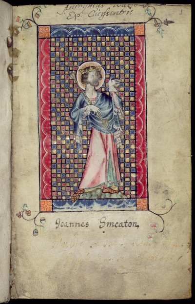 Ms 1-2005, f.1r: St. Edmund, miniatűr a Macclesfield Psalterből, Use of Sarum, East Anglia, 1330 körül alkotó: English School