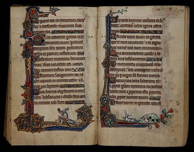Ms 1-2005, ff.115v-116r: kutyán lovagló vadásznyúl, szélső díszítés a Macclesfield Psalterből, Use of Sarum, East Anglia, 1330 körül (vellum) alkotó: English School